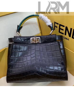 Fendi Peekaboo Mini Crocodile Embossed Calfskin Top Handle Bag Black 02 2019