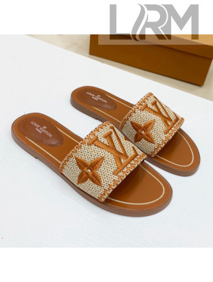 Louis Vuitton Lock It Raffia Flat Slide Sandals Brown 2021