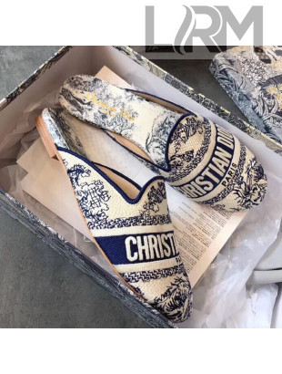 Dior Toile de Jouy Embroidered Canvas Flat Off Mules Blue 2020