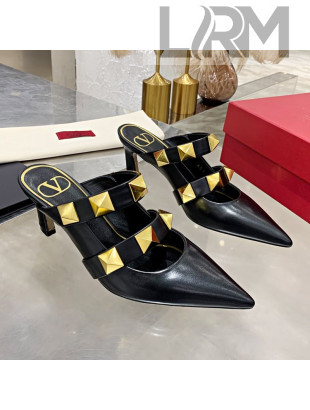 Valentino Roman Stud Calfskin Heel Mules with Sculpted Strap Black 2020