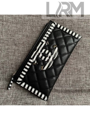 Chanel Calfskin Stripes Trim Wallet A80069 Black