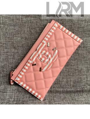 Chanel Calfskin Stripes Trim Wallet A80069 Pink