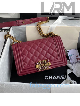 Chanel Quilted Calfskin Small Boy Flap Bag with Stone CC Charm A67085 Burgundy 2020