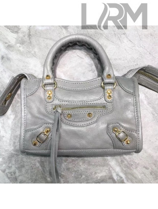 Balenciaga Classic Nano City Bag in Waxed Calfskin and Gold Hardware Light Grey