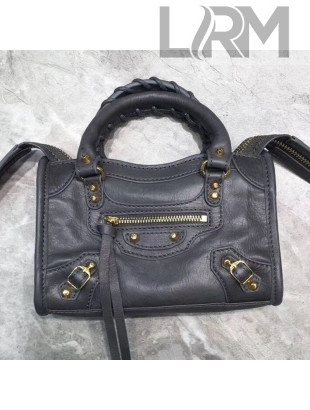 Balenciaga Classic Nano City Bag in Waxed Calfskin and Gold Hardware Dark Grey