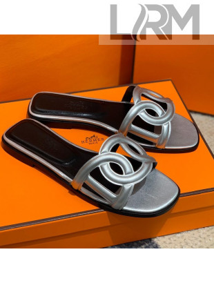 Hermes Aloha Calfskin Flat Slide Sandal Silver 2021