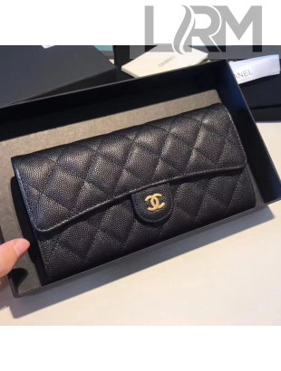 Chanel Classic Long Wallet in Grained Leather Navy Blue