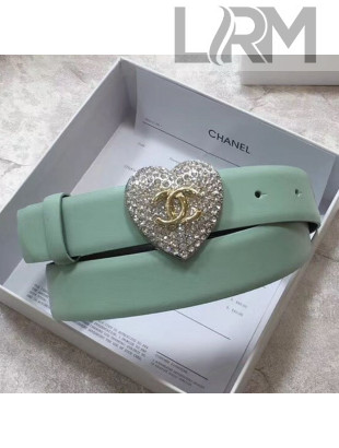 Chanel Leather Belt 30mm with Crystal Heart Buckle Green 2020