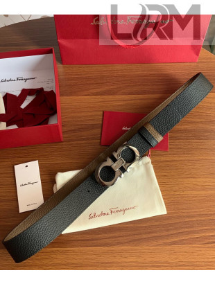 Ferragamo Gancini Reversible Litchi-Calfskin Belt 3.5cm with Logo Buckle Black 2021 10