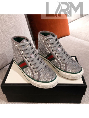 Gucci Tennis 1977 Sequins High-Top Sneakers Silver 2021