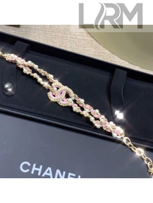 Chanel Double Chain and Leather Bracelet Pink 2019