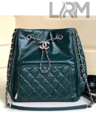 Chanel Crinkled Calfskin Drawstring Bucket Bag with Quilted Pocket Dark Green 2019