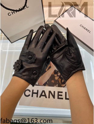 Chanel Lambskin Camellia Gloves Black 2021 102916