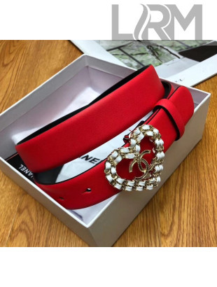 Chanle Width 3cm Calfskin Belt With Heart Buckle Red 2020