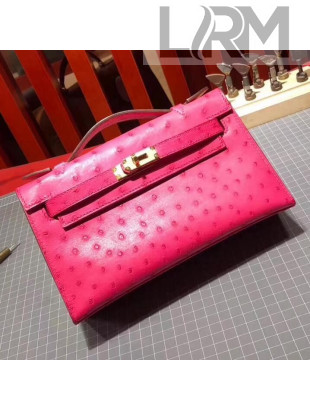 Hermes Original Ostrich Leather Kelly Pochette 22cm Fuchsia