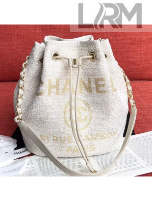 Chanel Fabric Logo Print Small Drawstring Bag White/Gold 2019