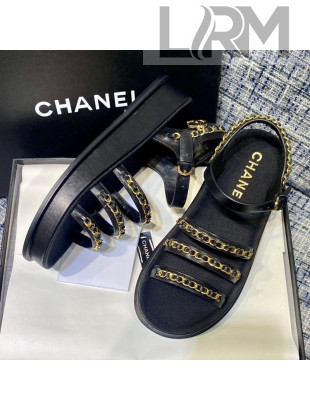 Chanel Calfskin Chain Strap Flat Sandals G37140 Black 2021