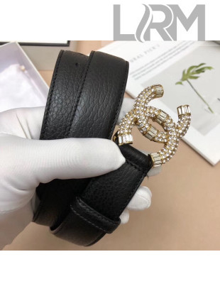 Chanle Width 3cm Grainy Calfskin Belt With Crystal CC Buckle Black/Gold 2020