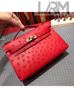 Hermes Original Ostrich Leather Kelly Pochette 22cm Bright Red