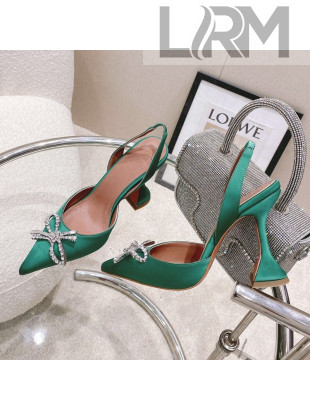 Amina Muaddi Silk Slingback Pumps with Crystal Bow Green 2021