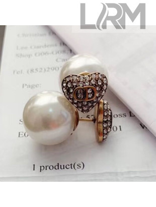 Dior Crystal Heart Tribales Pearl Stud Earrings 2019