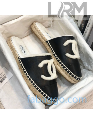 Chanel Lambskin Wool CC Espadrilles Mules Black 2020