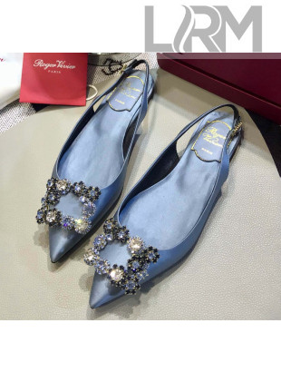 Roger Vivier Flower Strass Buckle Sling Back Ballerinas in Silk Satin Light Blue 2020