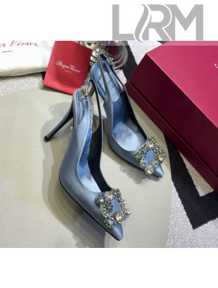 Roger Vivier Silk Flower Strass Buckle Sling Back Pump With 10cm Heel Light Blue 2020