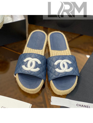 Chanel CC Quilted Lambskin Espadrille Slide Sandals Navy Blue 2021 37