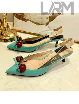 Gucci Lambskin Strawberry Charm Bamboo Heel Slingback Pumps Blue 2019