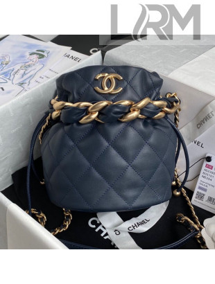 Chanel Shiny Lambskin Drawstring Bucket Bag AS2390 Navy Blue 2021