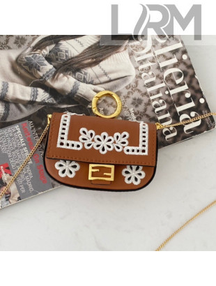 Fendi Nano Baguette Charm in Embroidered Leather Brown 2022