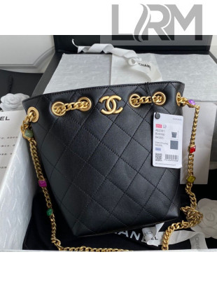 Chanel Quilted Lambskin Drawstring Bucket Bag AS2381 Black 2021