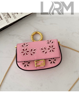 Fendi Nano Baguette Charm in Embroidered Leather Pink 2022