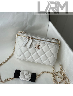 Chanel Lambskin Vanity Case Clutch with Camellia Chain AP2159 White 2021 