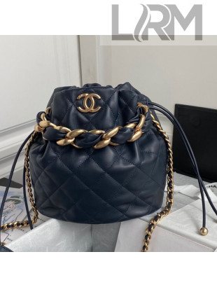 Chanel Shiny Lambskin Large Drawstring Bucket Bag AS2425 Navy Blue 2021