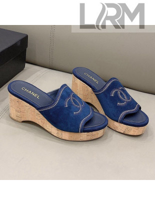 Chanel CC Suede Wedge Slide Sandals 8.5cm Blue 2021