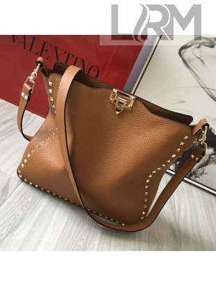 Valentino Small Grainy Calfskin Leather Rockstud Hobo Bag 50031L Brown 2020