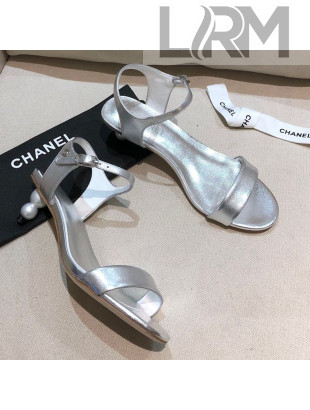 Chanel Calfskin Pearl Heel Sandals Silver 2021