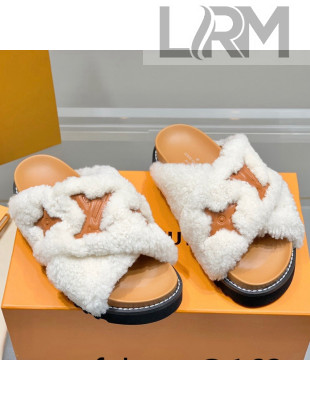 Louis Vuitton Paseo Shearling Flat Comfort Slide Sandals White/Brown 2022