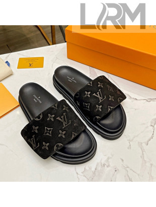 Louis Vuitton Pool Pillow Comfort Monogram Suede Slide Sandals Black 2022