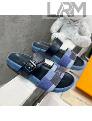 Louis Vuitton Bom Dia Damier Denim and Leather Flat Slide Sandals Blue/Black 2022