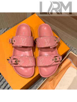 Louis Vuitton Bom Dia Monogram Denim and Leather Flat Slide Sandals Pink 2022