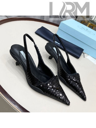 Prada Sequins Slingback Pumps 3cm Black 2022 69