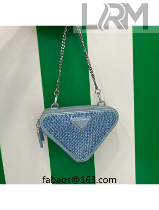 Prada Triangle Crystal Embellished Satin and Leather Mini Pouch 1NR015 Blue 2023