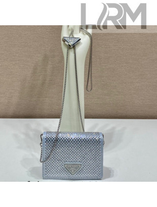  Prada Card Holder with Shoulder Strap and Crystals 1MR024 Silver 2023