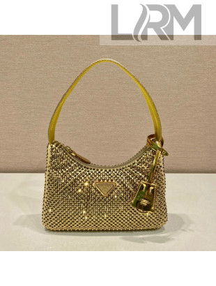  Prada Re-Edition 2000 Crystal Mini Hobo Bag 1NE515 Gold 2023 