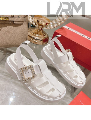 Roger Vivier Rangers Calf Leather and Fabric Strap Sandals White/Crystal 2022