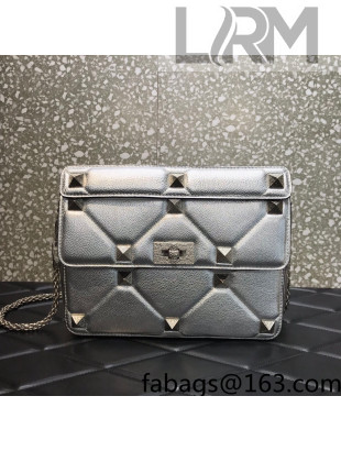 Valentino Large Roman Stud The Shoulder Bag in Metallic Grainy Leather 1129L Silver 2022