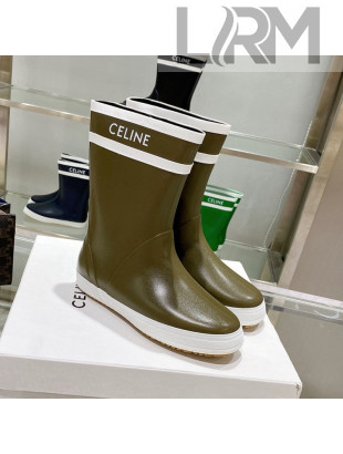 Celine Shiny Leather Rain Boots Khaki Green 2021 120448